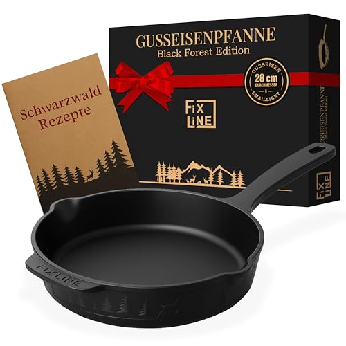 FIXLINE Gusseisenpfanne in BLACK FOREST Edition 28cm - ORIGINAL - Induktion - Alle Herdarten inkl. Induktion - Emailliert - Kein Einbrennen nötig - Inklusive Rezeptbuch - Perfekte Geschenkidee