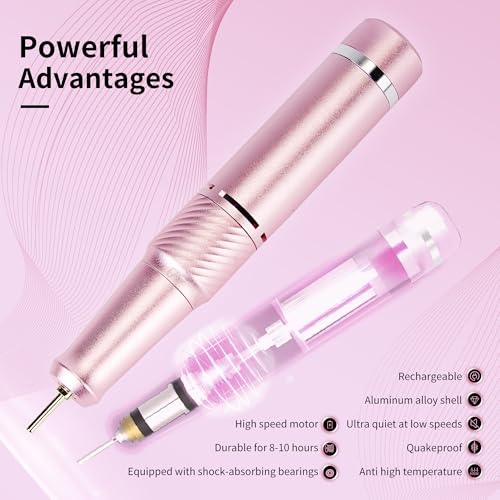 Professional Electric Nail Drill File,Cordless Portable Nail Drill 45000 RPM, Rechargeable Nail Drill Machine for Acrylic Nails Gel Polishing,Nail Kit for Manicure Salon Home（Pink） - Thumbnail 3
