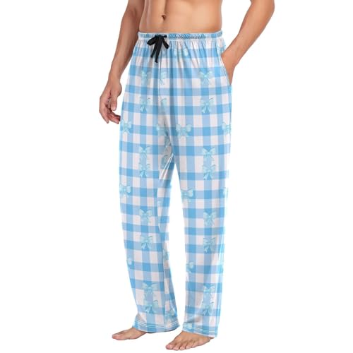 Men’s Blue and White Checkered Bows Pajama Pants with Pockets, Comfortable Lounge Sleep Bottoms#6674