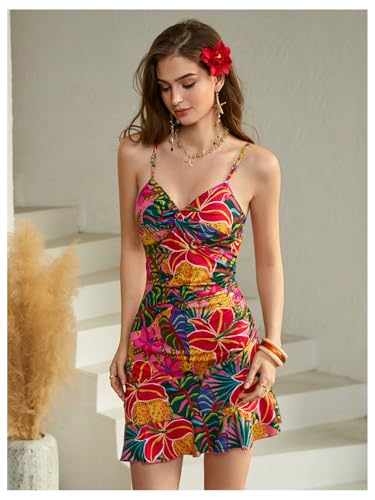 Image of Floerns Women's Summer Tropical Twist Front Ruched Ruffle Hem Bodycon Cami Dress