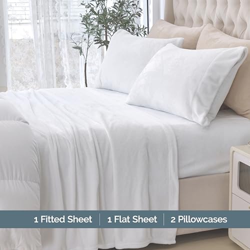 Elegant Comfort Luxuriously Soft 4-Piece Velvet Plush Flannel Sheet Set - Premium Quality - Cozy Warm, Anti-Static, Non Pilling Fuzzy Velvet Flannel Fleece Deep Pocket Sheet Set - Twin XL, White