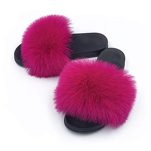 Image of Women's Faux Fur Slides Slippers Fluffy Fuzzy Sandals Open Toe Furry Slide Flip Flop Indoor Outdoor