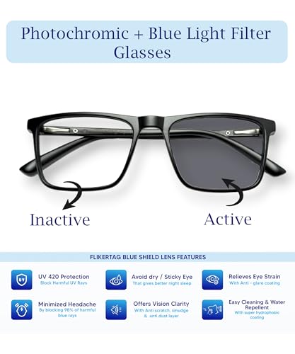 Image of Premium Blue Light Filter Photochromic Computer Glasses | Zero Power Blue Cut Photochromic Eye glasses For Eye Protection | Retro Square Frame for Men & Women /Standard Size (BLACK)