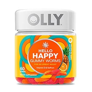 OLLY Hello Happy Gummy Worms, Mood Balance Support, Vitamin D, Saffron, Adult Chewable Supplement, Tropical Zing – 60 Count