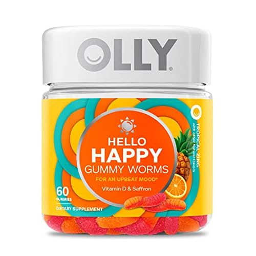 OLLY Hello Happy Gummy Worms, Mood Balance Support, Vitamin D, Saffron, Adult Chewable Supplement, Tropical Zing – 60 Count