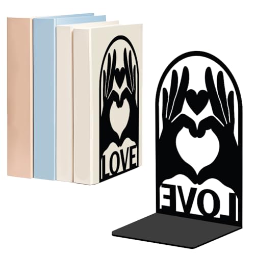 WADORN 1 Pair Heart Gesture Love Metal Decorative Bookend for Shelves, Heavy Duty Book Ends Modern Non-Skid Books Holder Stand Black Book Support Stoppers for Office Desk Bookshelf, 5.3x4.3x7.8 Inch