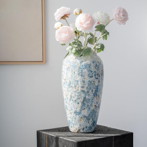 Relexome Black Terracotta Rustic Ceramic Farmhouse Vase,9.5" Round Flower Vase,Vintage Antique Stone Clay Handmade Distressed Decorative,Home Living Room Kitchen Table Shelf Decor