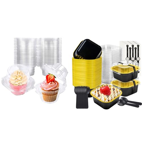 NPLUC Bundle of 50 Pack Individual Cupcake Containers and 50 Pcs Mini Square Baking Cups for Wedding Birthday Party