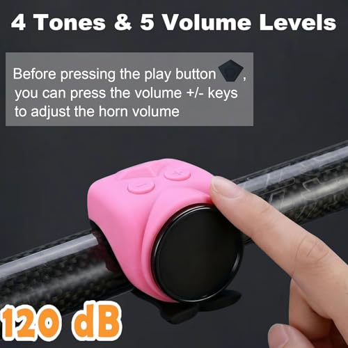 120dB Loud Bike Horn Electric Ebike Bell, Small Battery Operated Universal Mount Horns for Motorcycle Scooter Bicycle, Waterproof, USB C Rechargeable, 4 Funny Sounds & 5 Volume Settings (Pink)