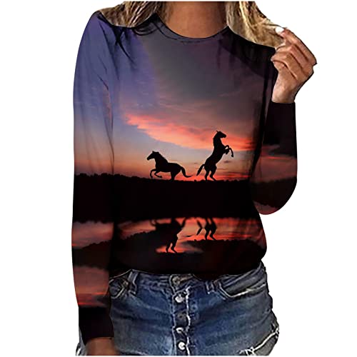 Keepink Womens Tops Horse Printed Long Sleeve Jumpers Western Vintage 3D Graphic T Shirts Crewneck Funny Gift Shirts Equestrian Cowgirl Blouse Loose Fit Workout Tshirts for Ladies