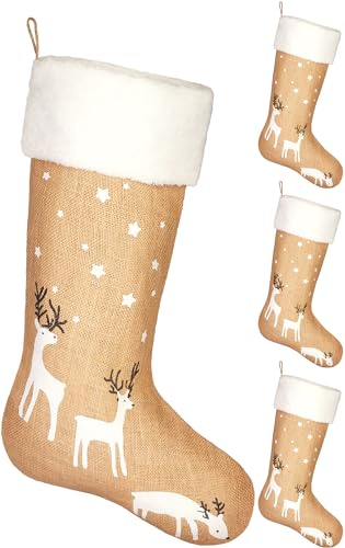 Brubaker 4X Calza di Natale da Riempire e Appendere - Calza di Babbo Natale Grande 52 cm in Juta - Calza Decorativa per Natale e San Nicola - Renna Stelle Bianco