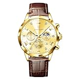 Poedagar Orologio da polso da uomo di lusso, al quarzo, impermeabile, luminoso, cronografo, in pelle, sportivo, business, classico, da uomo, Oro Oro