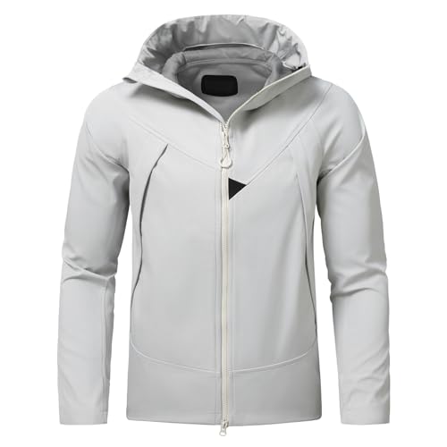 Image of YOUTHUP Men's Softshell Jacket Outdoor Sport Full Zip Windproof Hooded Coat Breathable Functional Hiking Cycling Climbing Outerwear White L
