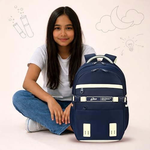Image of Gear Elegant 19 inch /35L Large Water Resistant School Bag | Casual Backpack | Daypack | Travel Backpack | Kids Bag for Boys /Girls (Navy - Beige)