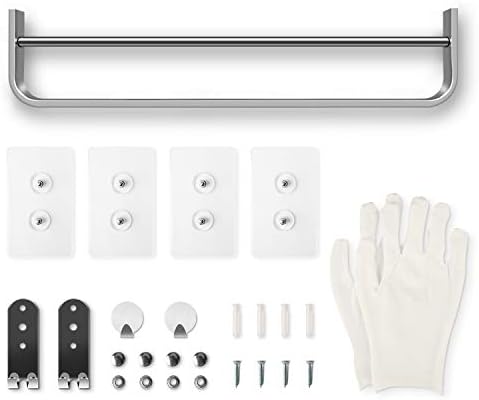 Double Towel Rail, 23in/58cm Self Adhesive or Wall Mounted Stainless Steel Towel Rack Holder with Double Hooks -2 Small Hooks and Gloves as GIFT, MENNYO Bathroom Kitchen Hardware Accessory