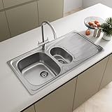 SÄUBER® 950 x 500mm Stainless Steel Kitchen Sink Inset 1.5 Bowl, Inset Drop in Installation, Right Hand Drainer, Free Kitchen Strainer Wastes for Sinks - Image 1
