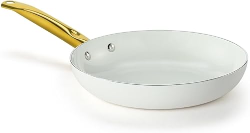 Holstein Housewares Sartén antiadherente de cerámica de 8 pulgadas, elegante mango de color blanco y dorado, elegancia dorada para cada cocina