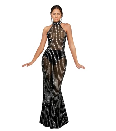 Image of PORRCEY Women's Sexy Elegant Rhinestone Bodycon Dress Hot Drilling Clubwear