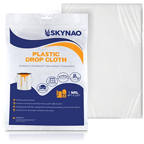 Skynao Plastic Sheeting - 9 x 12 ft Clear Plastic Drop Cloth for Painting - 1mil Polyethylene Cover Sheet - Ideal for Furniture Protection,Paint Spills,Dirt,Dust