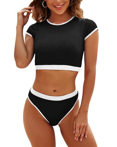 DaiLiWei Two Piece Tummy Control Swimsuits for Women Cheeky Bikini Sets Modest Bathing Suit High Neck Swim Suits Teens