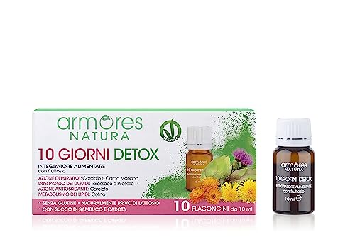 Armores Natura Integratori Alimentari, 10 Giorni Detox, Integratore Depurativo e Drenante per la Normale Funzione Epatica, a Base di Estratti Vegetali e Colina, Vegano, 10 Flaconcini