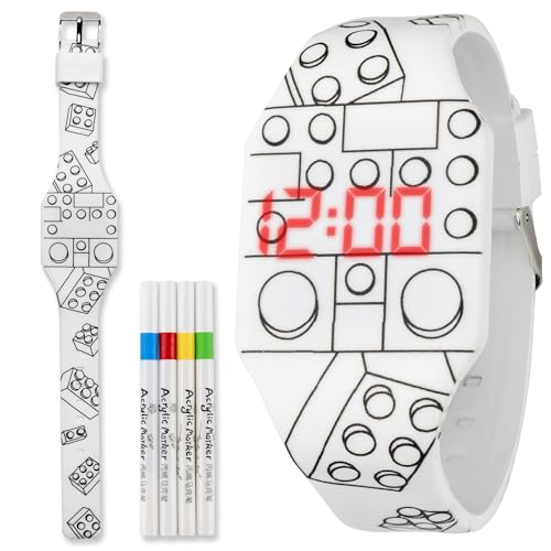 Color-Your-Own Analog Watch for Kids with Adjustable Straps | Creative Kids DIY Bracelet with 4 Non-Toxic Markers | Giftable Watch for Girls & Boys | Adjustable, Fun and Educational (BLOCKS)