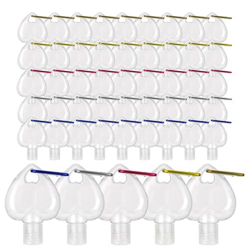 50 PCS Heart Shaped Plastic Clear Travel Bottles with Keychain, Hand Sanitizer Holder, Leakproof Refillable Empty Bottles Portable Squeeze Containers with Flip Cap for Liquid Toiletries(50ml/1.7oz)