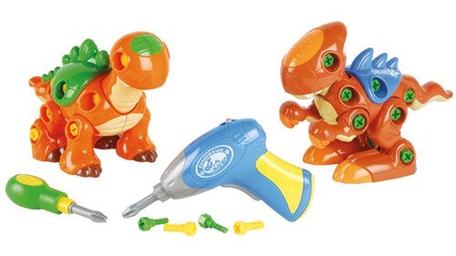 Constructive Playthings Create-A-Dino Building Set with Two Dinosaurs with Rolling and Moving Feet, Electronic Drill and Manual Screwdriver for Ages 3 Years and Up