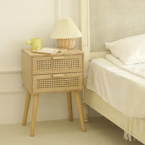 Awasen Nightstand With 2 Drawers, Rattan Side Table With Storage For Bedroom, Modern End Table With Solid Wood Legs For Living Room, Natural Walnut #TOP5