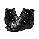AngryMonkey Women's Black Peep Toe Gladiator Sandals, Casual Breathable Hollow Strappy Back Zipper Dressy Roman Sandals (7)