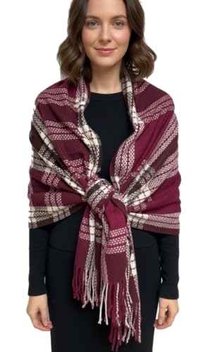 20% Lana, 80% Viscosa Emma & Giovanni - Sciarpa con Frange Autunno Inverno a Quadri 190cm x 170cm - Donna (Bordeaux)