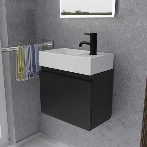 Alpenberger Gäste WC Waschbecken mit Unterschrank 45 cm Breit | Waschtisch Set Klein | Aufsatzwaschbecken Waschtischunterschrank Hängend | Möbel Hängeschrank | Waschbeckenunterschrank Schwarz