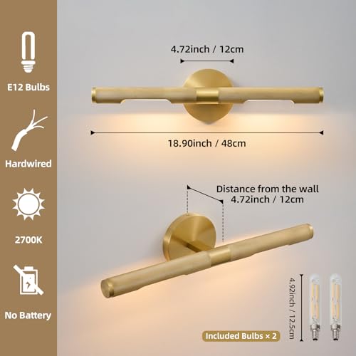 Image of Museum Gallery Bathroom Picture Light - 19 Inch Long Gold Brass Dimmable Hardwired Wall Sconces with E12 Bulb - Frame Pictures Art Deco Sconce Lights for Painting Photo Artwork Library Vanity Over