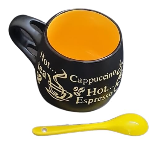 Image of HiTechMart Ceramic Coffee Mug with Spoon - Stylish Black & Yellow Cup for Tea, Cappuccino, Espresso - Embossed Design, Unique Gift for Coffee Lovers Colour May Vary