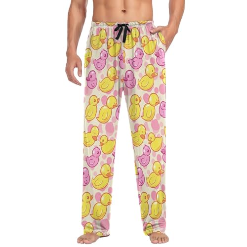 Men’s Yellow Pink Ducks Pajama Pants with Pockets, Comfortable Lounge Sleep Bottoms#5593