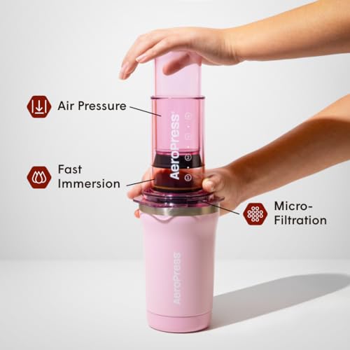 Image of AeroPress Go Plus, Small Portable Coffee Maker Kit, Travel, Camping & Office, All-in-One French Press, Pour-Over & Espresso-Style Manual Brewer, 2 Min Brew for Less Bitterness, More Flavor, Pink