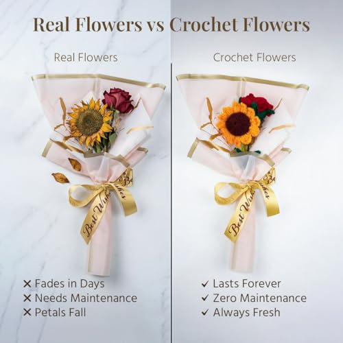 Image of HindCraft Handmade Crochet Flower Bouquet with Sunflower & Red Rose | Artificial Forever Flowers for Decoration | Handmade Gift for Wife, Women, Couples | Birthday Anniversary Wedding Gift