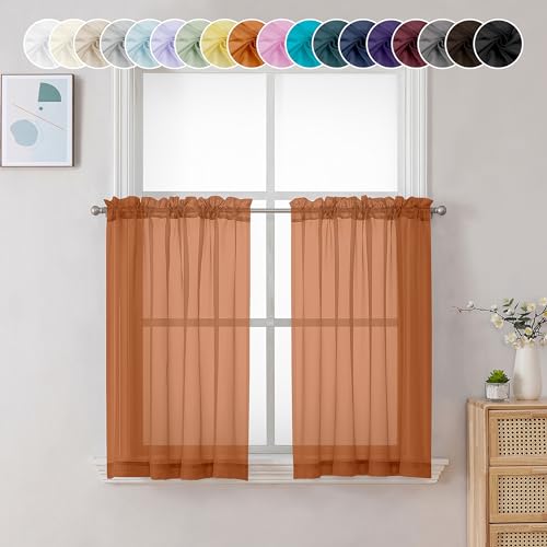 Image of Chyhomenyc Orange Sheer Curtains 36 inch Length 2 Panels, Light Filtering Voile Rod Pocket Short Window Curtians for Bathroom Living Room Farmhouse Small Windows, 42Wx36L inches