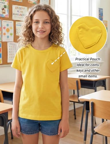 Image of Noomelfish Girls Short Sleeve Heart Pocket T-Shirts Casual Cotton Tee Tops Blouse (5-12 Years)