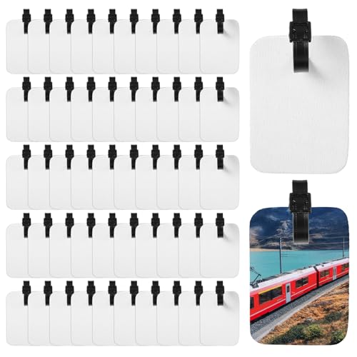 50 Pcs Sublimation Luggage Tags Blanks, White Double Sided MDF Travel Bag Tags with Strap, Heat Transfer DIY Suitcase Labels with Slots for Handmade Crafting, Keychains, ID Card Holders