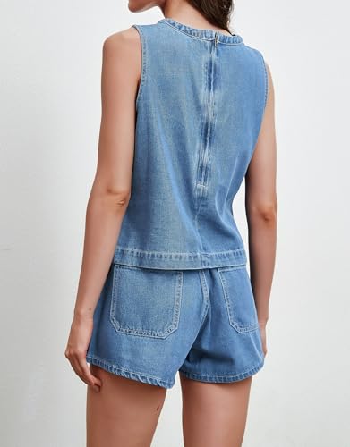 Image of Kedera Summer Denim Set for Women 2 piece Casual Sleeveless Boxy Shirt Tops and Shorts Pants Lounge Sets Outfits
