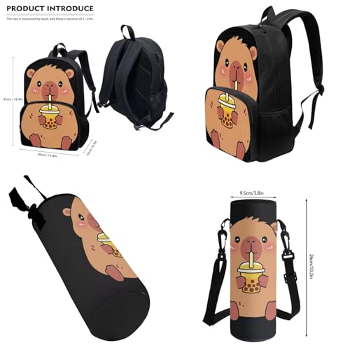 Jeiento Capybara Lover Backpack Kids School Bag Set 4 Piece Unisex Children Backpack with Lunch Bag Pencil Bag Children Crossbody Water Bottle Holder for Sports/Camping/Traveling3