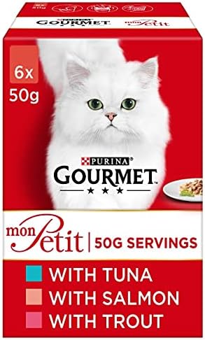 multiple Purina Gourmet Mon Petit Wet Cat Food | Tuna, Salmon & Trout 6 x 50g and Cod, Sardine & Salmon 6 x 50g | Bundle of 2 with Free Toy Ball Gift