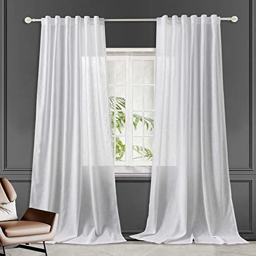 Hoydumuia Pure White Linen Curtains 84 Inch Long Back Tab Loop Pocket Drape Cotton Textured Curtains 2 Panels Set Light Filtering Semi Sheer Linen Curtain for Living Room Bedroom Farmhouse 52x84