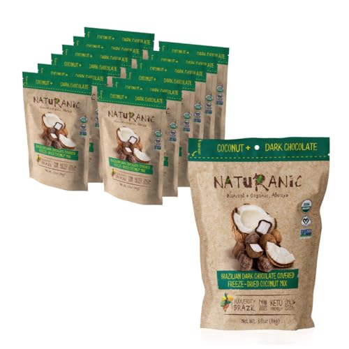 Naturanic Brazilian Dark Chocolate Covered Freeze-Dried Coconut Snack, Zero Carb, Keto Friendly, No Sugar, All Natural, Organic, Vegan - Pack of 12