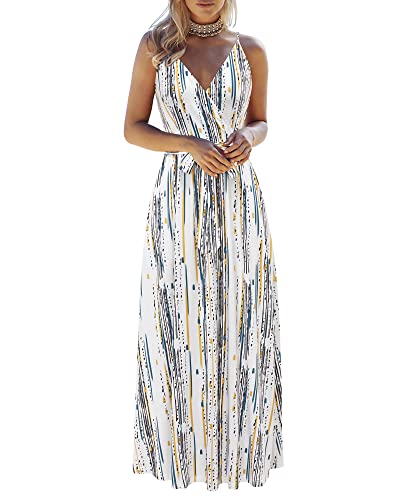 Image of OUGES Womens Summer Maxi Dress V Neck Floral Adjustable Spaghetti Strap Beach Dresses with Pockets