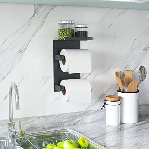 FANHAO Adhesive Toilet Paper Holder, Double Roll Toilet Tissue Holder with Shelf for Bathroom Kitchen, 3M Self Adhesive No Drilling or Wall-Mounted, SUS304 Stainless Steel (Matte Black)