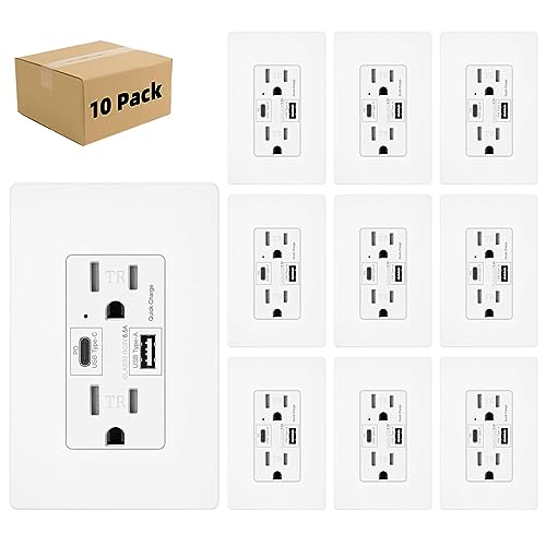 Micmi USB C + A Outlet PD 65W GaN + Power Delivery Receptacle 6.5A with Type A and Type C Ports, 125 Volt Tamper-Resistant for USB-C Cellphone W/Wallplate UL Listed (10Pack, White, 15Amp 65W
