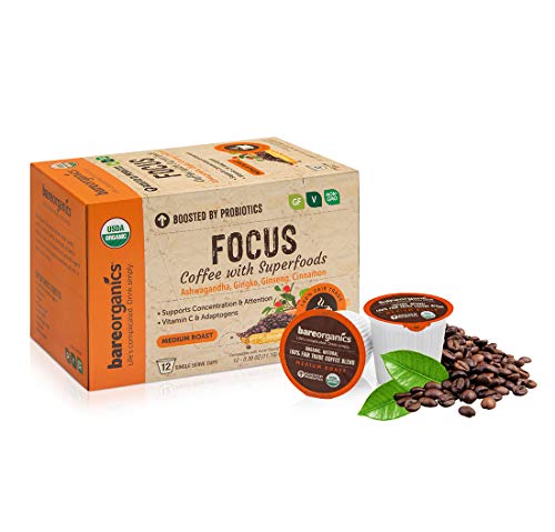 BareOrganics Focus Coffee with Superfoods, Organic Probiotic, Ashwagandha, Ginko, Ginseng, 12 Count BareOrganics Focus Coffee with Superfoods, Organic Probiotic, Ashwagandha, Ginko, Ginseng, 12 Count