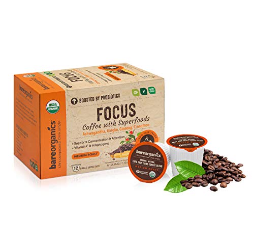 BareOrganics 13180 Focus Coffee with Superfoods, Organic Probiotic Coffee, 12 Single Serve Cups